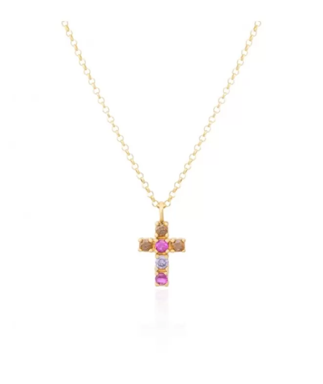 Collares Acabados En Oro^Doña Sol Colgante Cruz Multi Pink/Brown