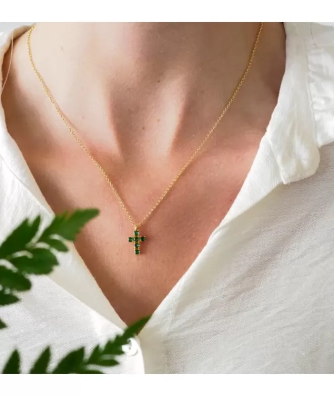Collares Acabados En Oro^Doña Sol Colgante Cruz Verde Esmeralda
