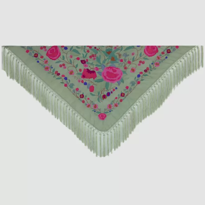 Mantones De Flamenca^Doña Sol Mantón Lola Verde Jabonoso - Flor Fucsia