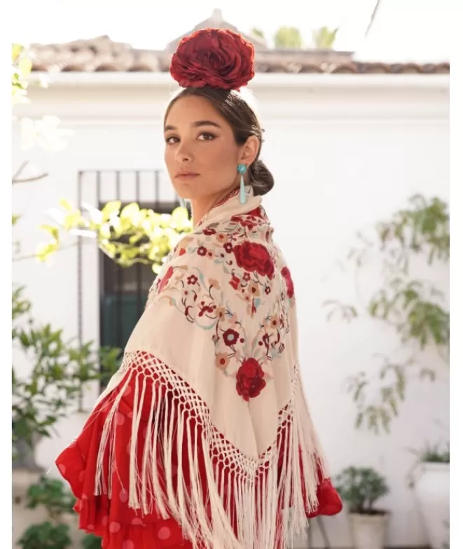 Mantones De Flamenca^Doña Sol Mantón Macarena Beis Flor Roja