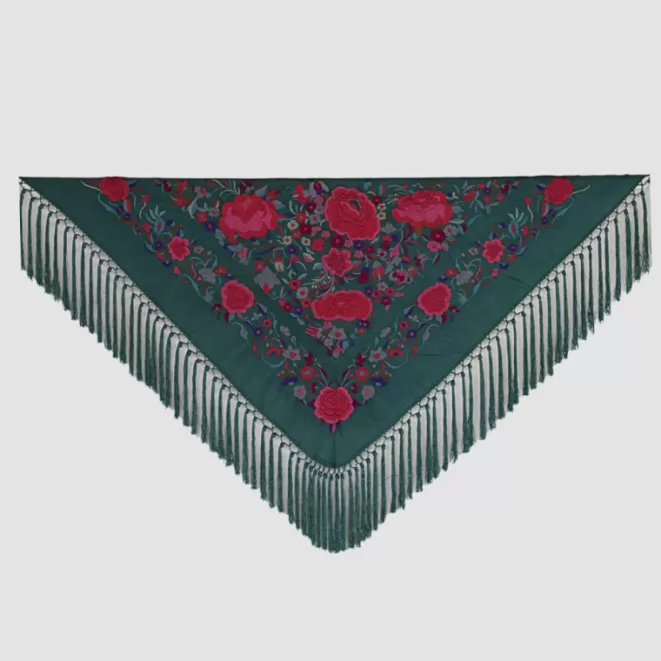 Mantones De Flamenca^Doña Sol Mantón Macarena Verde Petróleo Flor Rosa