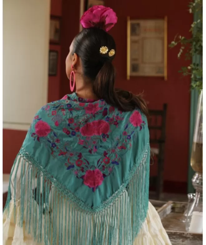 Mantones De Flamenca^Doña Sol Mantón Macarena Verde Petróleo Flor Rosa